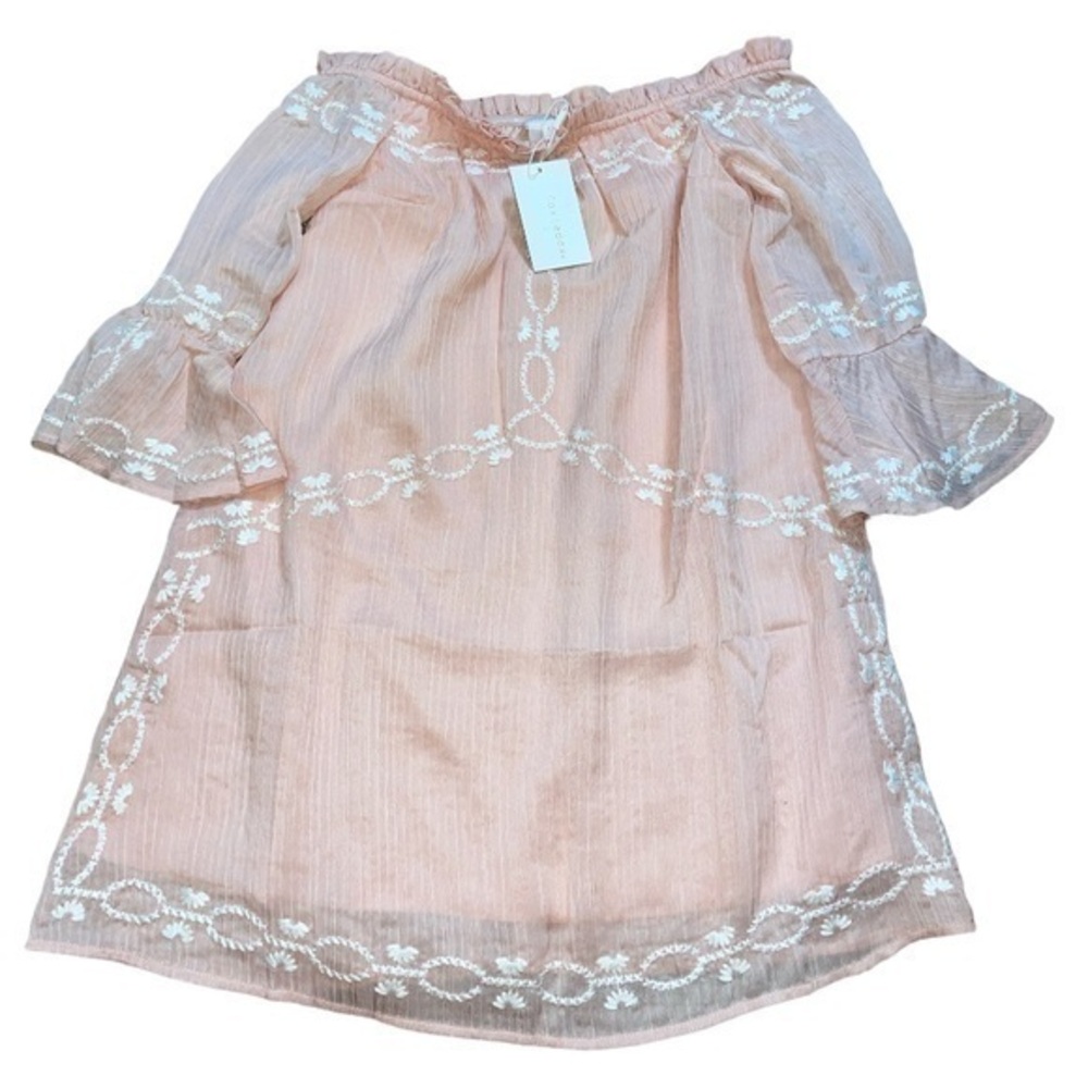 Anthropologie Foxiedox Pink Off Shoulder Blouse with Cream Embroidery